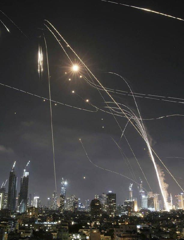 Tel Aviv skies after Iranian missiles hit
