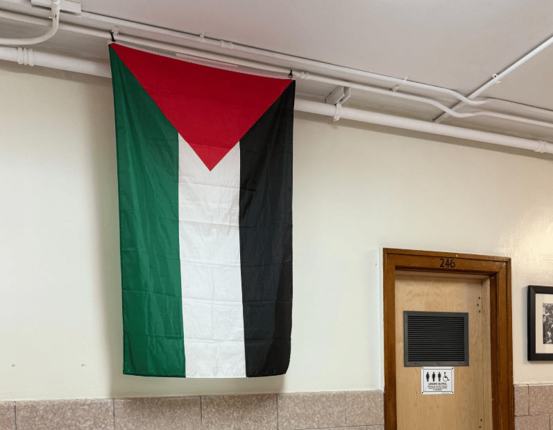 Plaestbina Flag hanging at NY School