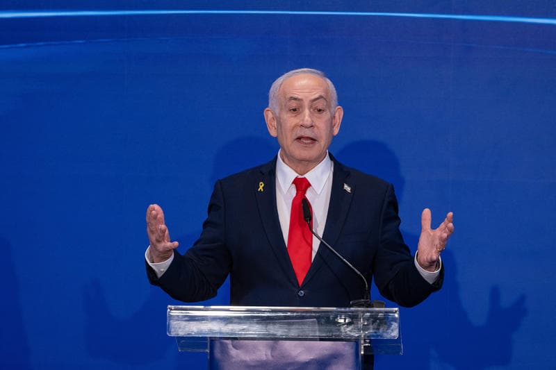 Israeli Prime Minister Benjamin Netanyahu, Cypriot President Nikos Christodoulides and Greek Prime Minister Kyriakos Mitsotakis hold a joint press conference after a trilateral meeting in Jerusalem on December 22, 2025.