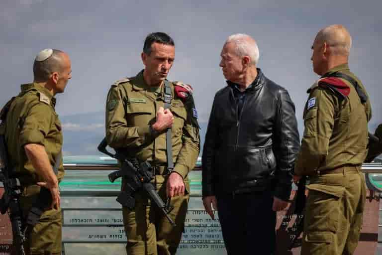 From the right: Commanding General Uri Gordin, Defense Minister Yoav Galant, Chief of Staff Herzi Halevi and division commander Shay Klaper on a lookout towards Lebanon background