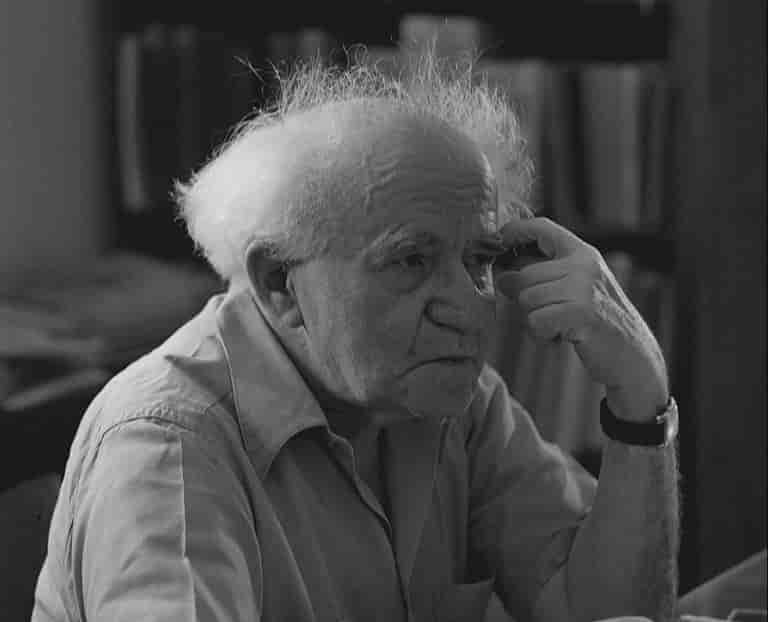 Prime Minister David Ben-Gurion in his office, there was no legal text in the Declaration of Independence background