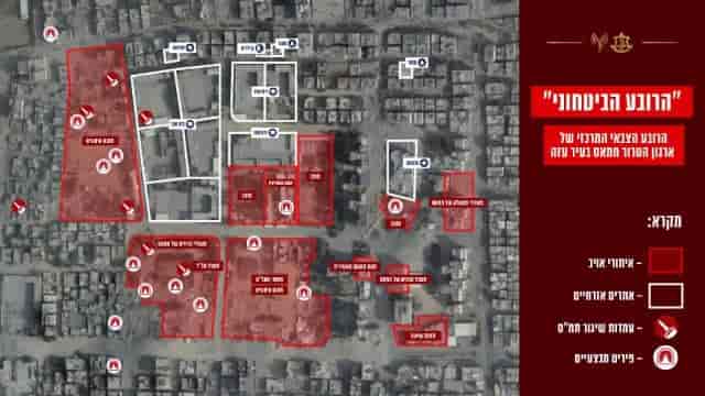 Map of Hamas security quarter. Red shaded = Hamas buildings. White shaded = civilian buildings. background