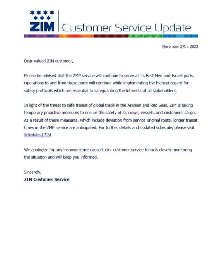 ZIM's message to its customers background