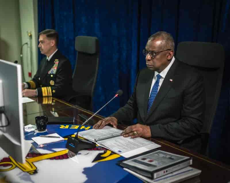 Working to get everyone on board with Red Sea security efforts. Defense Secretary Lloyd Austin. background