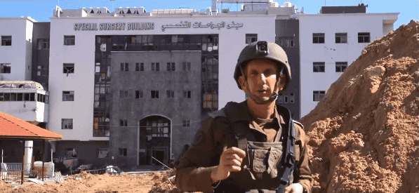 IDF Spokesperson Daniel Hagari giving a briefing at Shifa on the raid. background