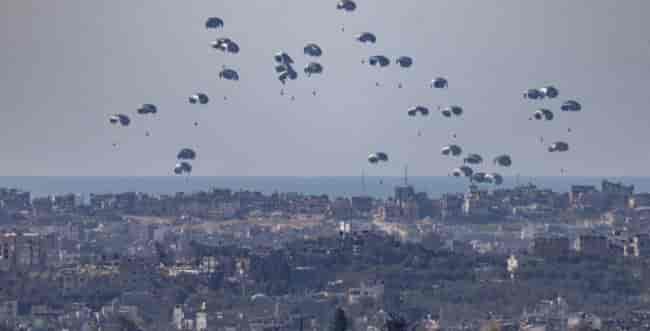 Humanitarian aid parachuted into Gaza background