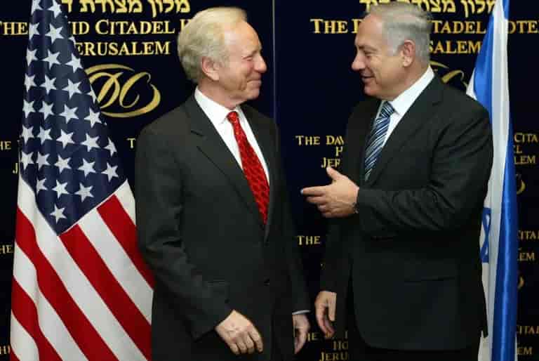 Joe Lieberman and Binyamin Netanyahu background