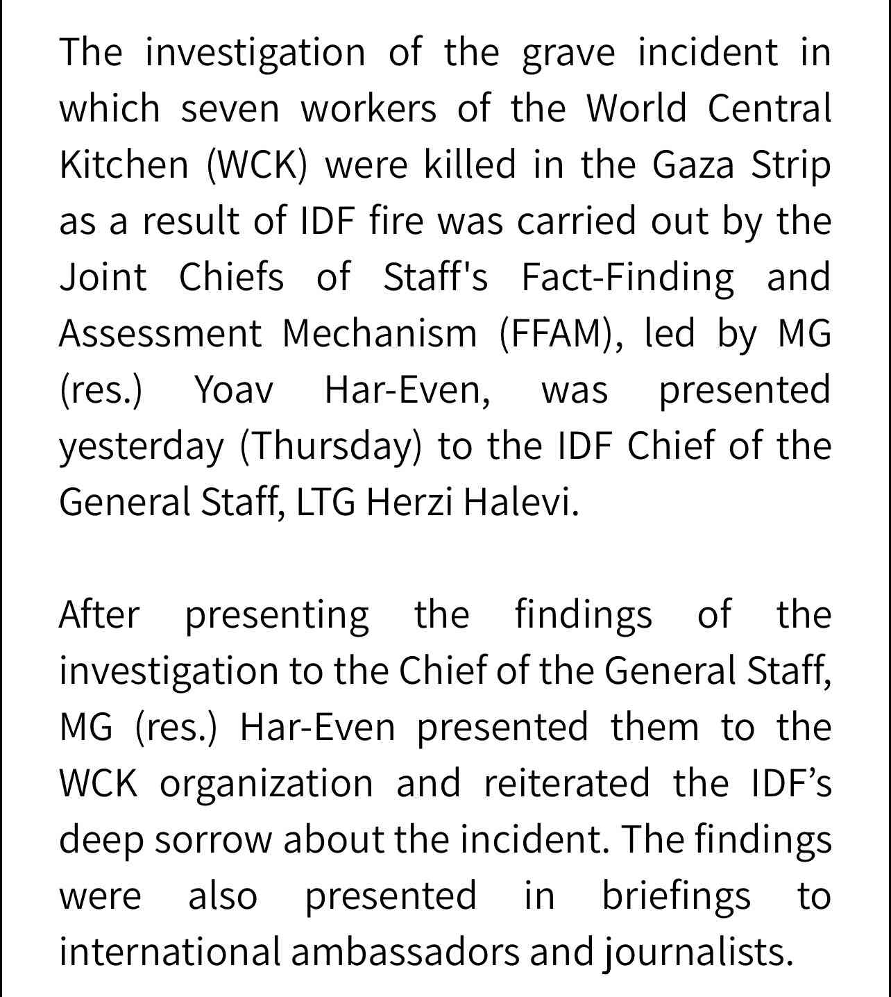 World Central Kitchen incident investigation summary. background