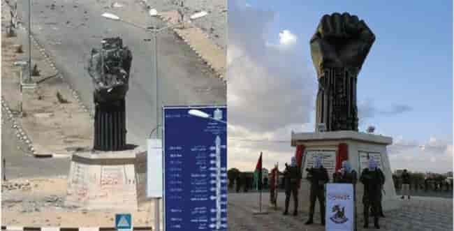 Hamas victory statue over Gush Katif, before and after. background