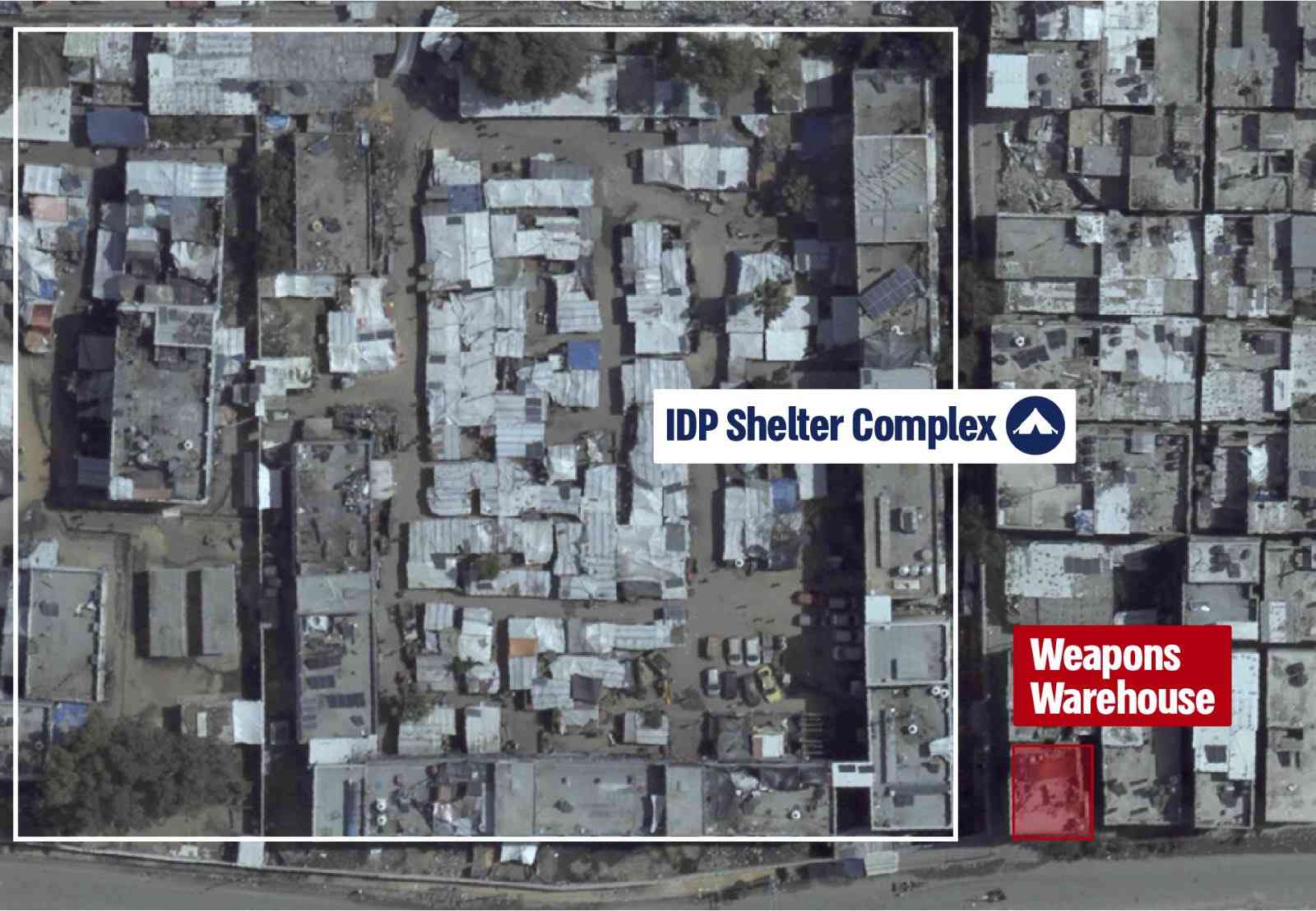 Map showing location of weapons warehouse near humanitarian zone. background