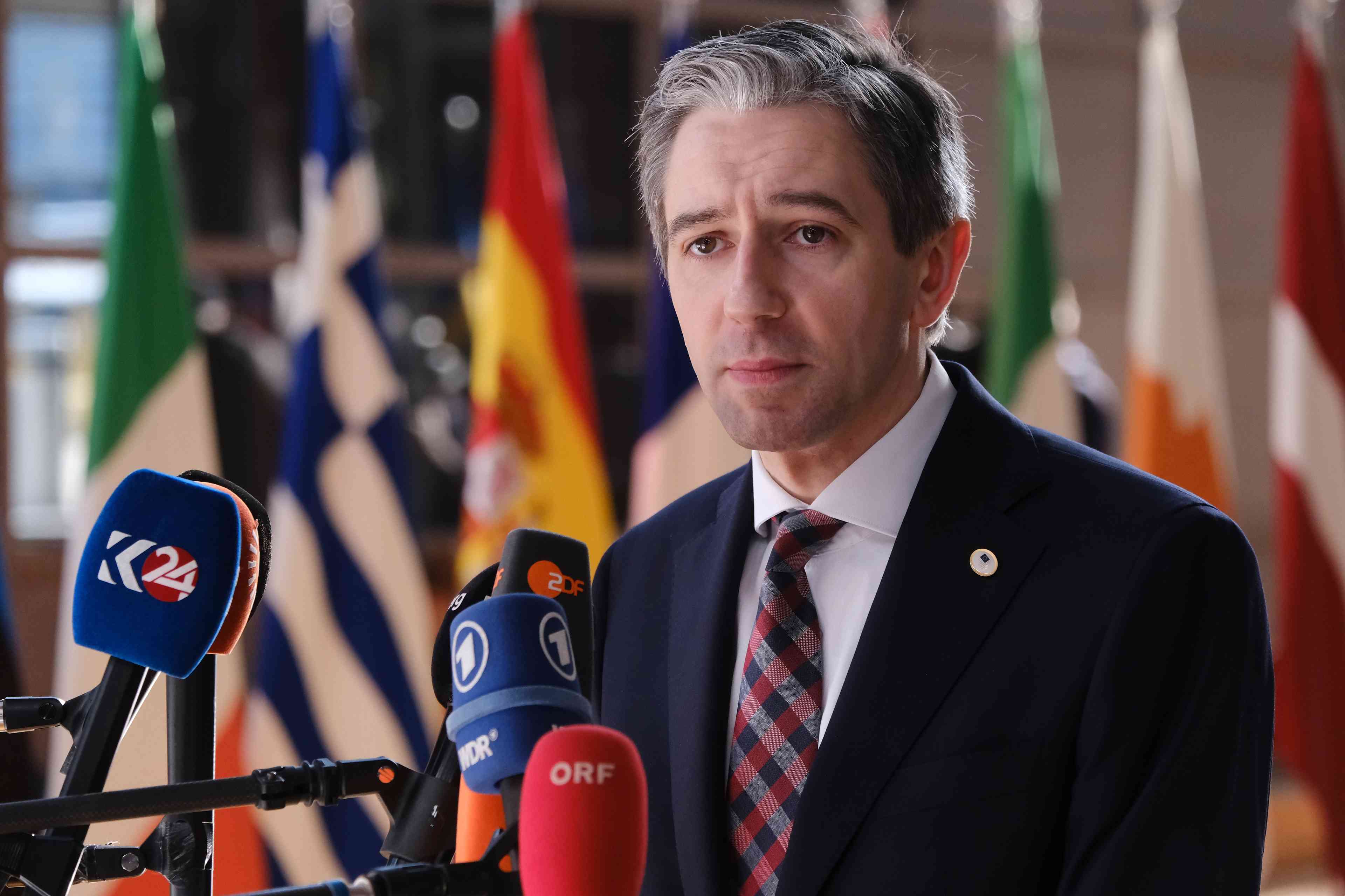 Irish Prime Minister Simon Harris. background