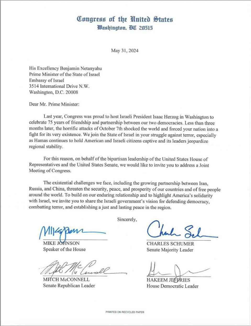 Invitation for Netanyahu to speak before Congress. background