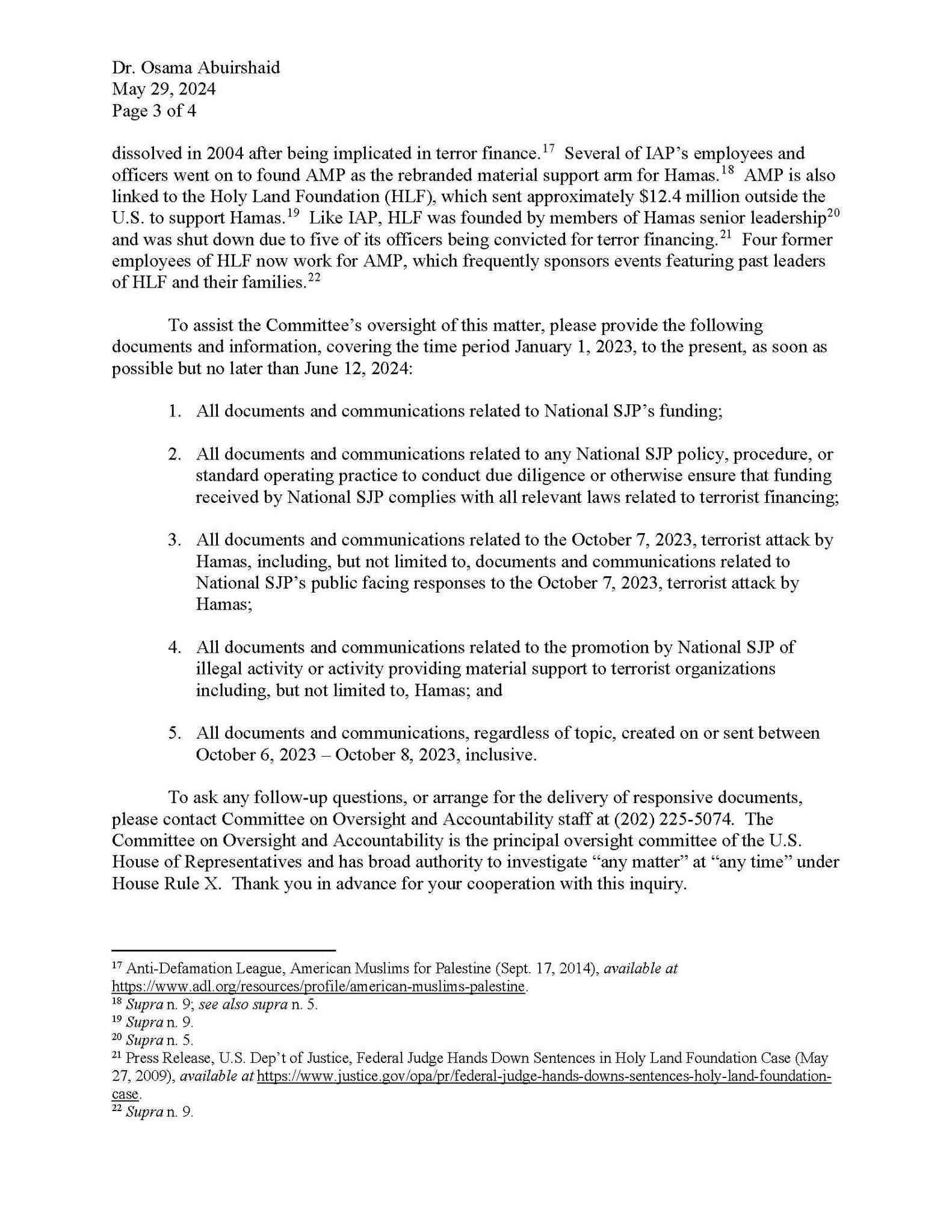 House Oversight Committee letter to Students for Justice in Palestine (2/4). background