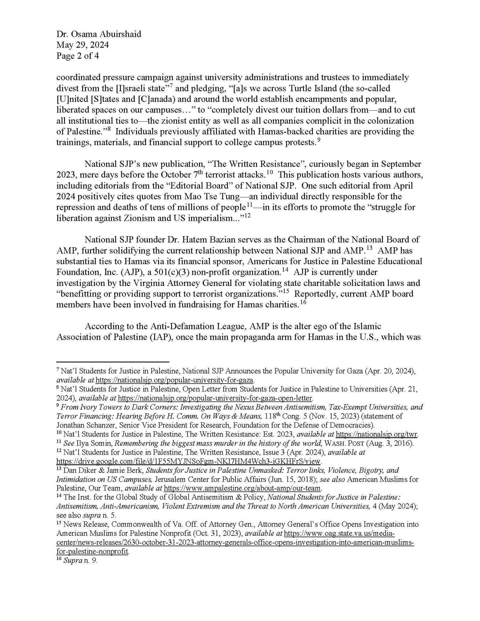 House Oversight Committee letter to Students for Justice in Palestine (3/4). background
