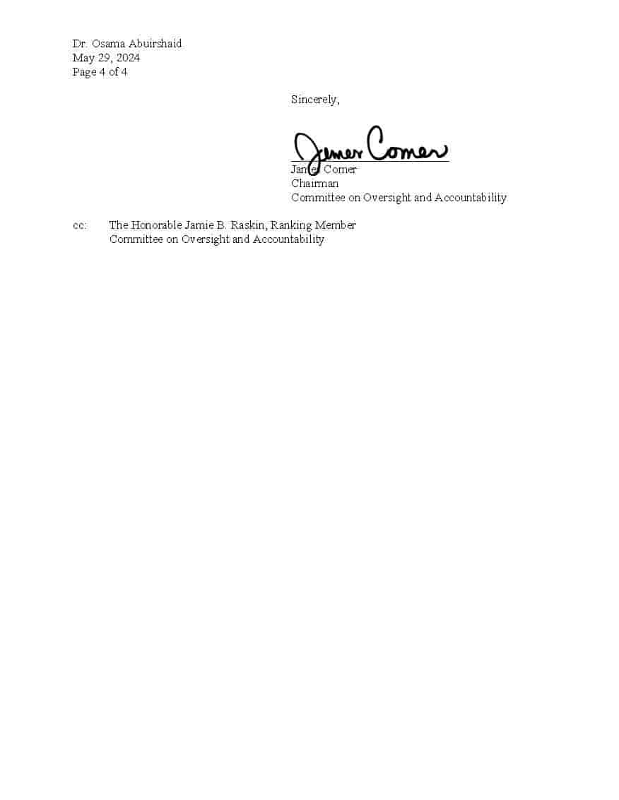 House Oversight Committee letter to Students for Justice in Palestine (4/4). background