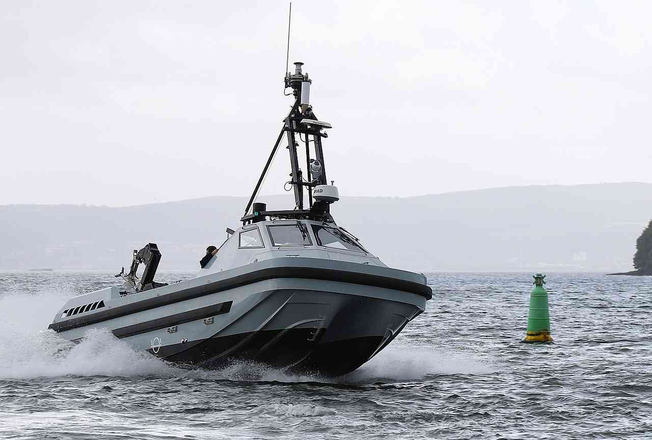 Drone boat or Unmanned Surface Vessel. Illustration. background