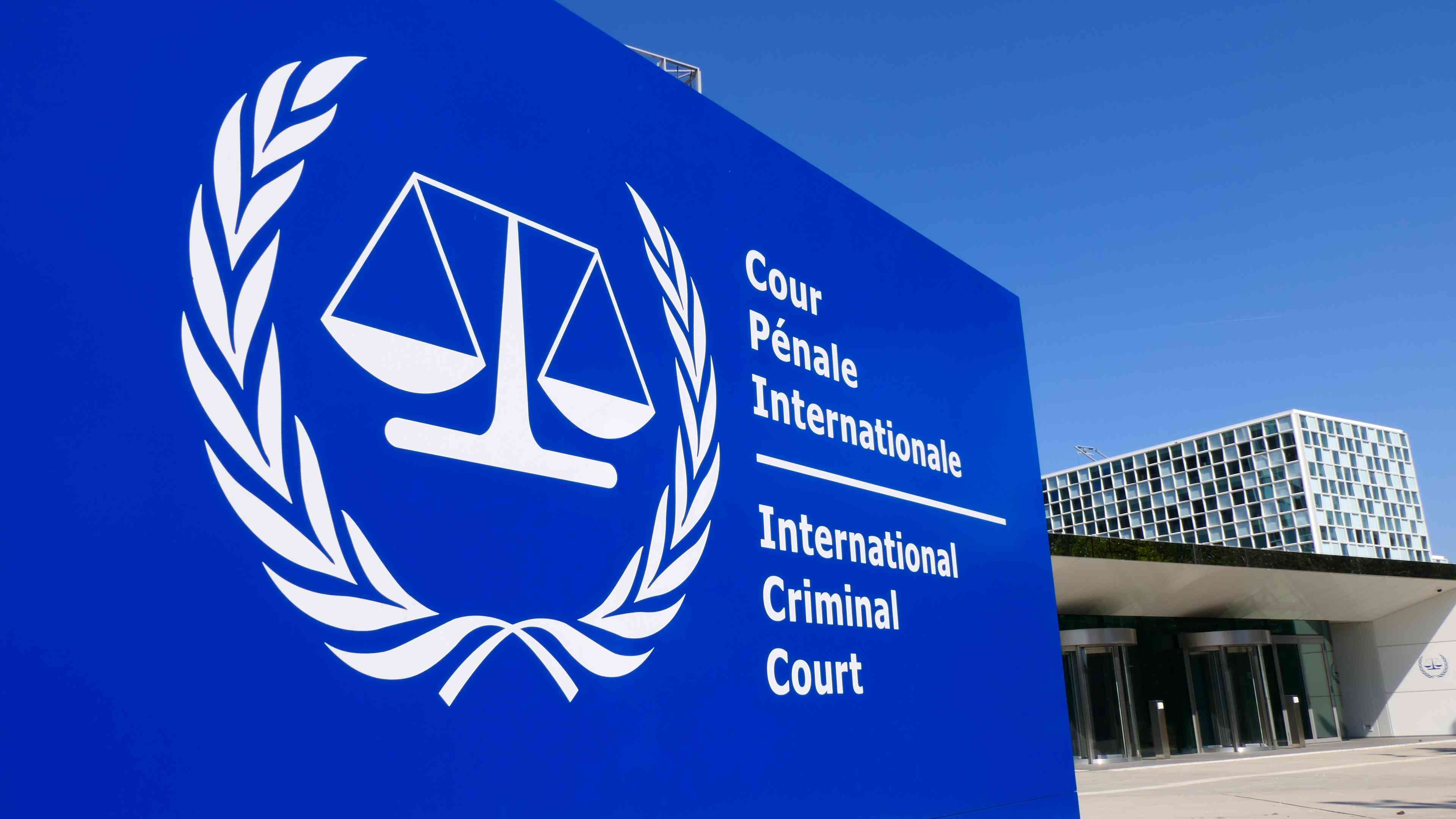 Close-up view of the sign of the International Criminal Court (ICC) background