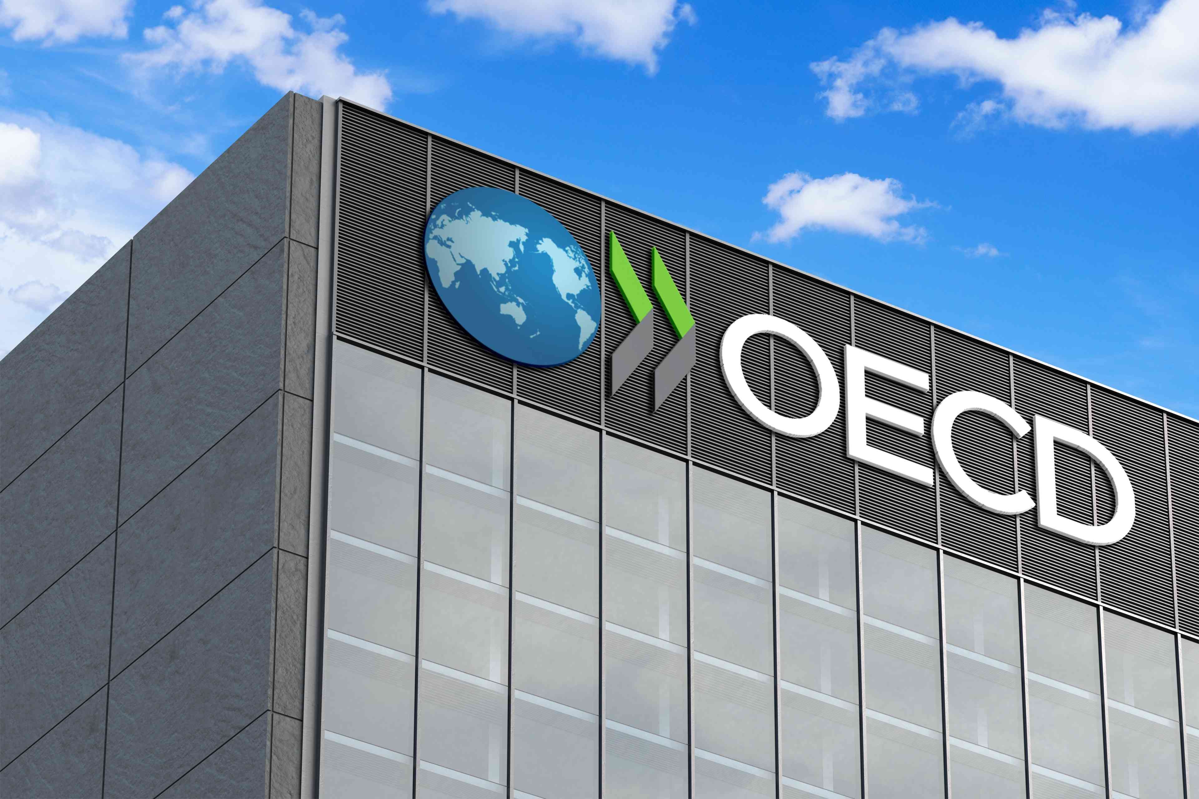 3D illustration of the Organization for Economic Co-operation and Development (OECD) logo  background