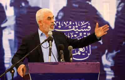 Yahya Sinwar during a meeting with members of the the Ezzedine al-Qassam Brigades, the armed wing of the Palestinian Hamas movement, in Gaza City
