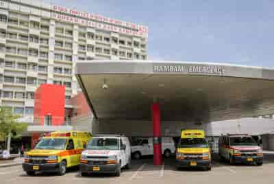 Ambulances outside the Rambam Hospital in Haifa background