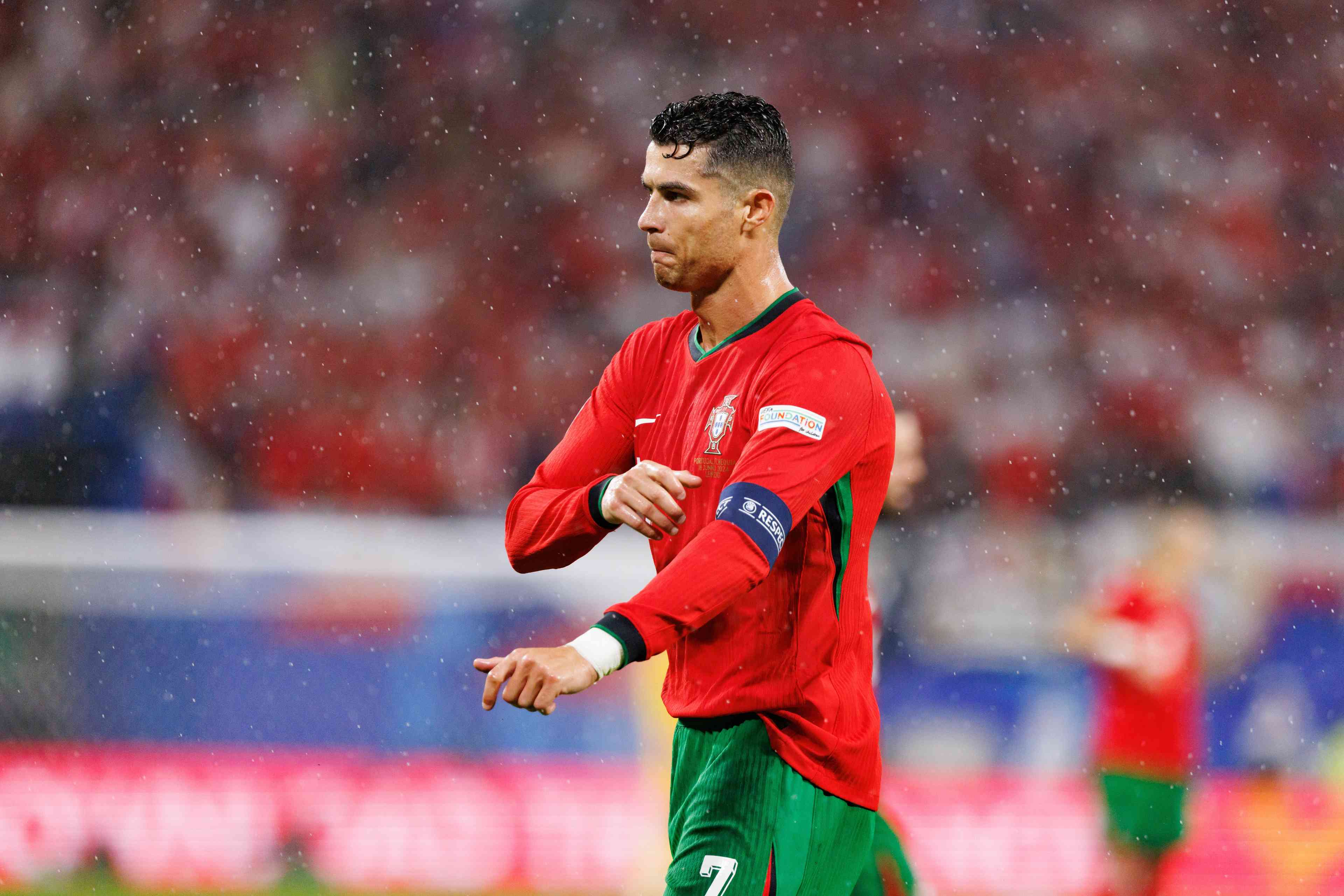 Cristiano Ronaldo seen during UEFA Euro 2024 game between national teams of Portugal and Czech Republic at Red Bull background