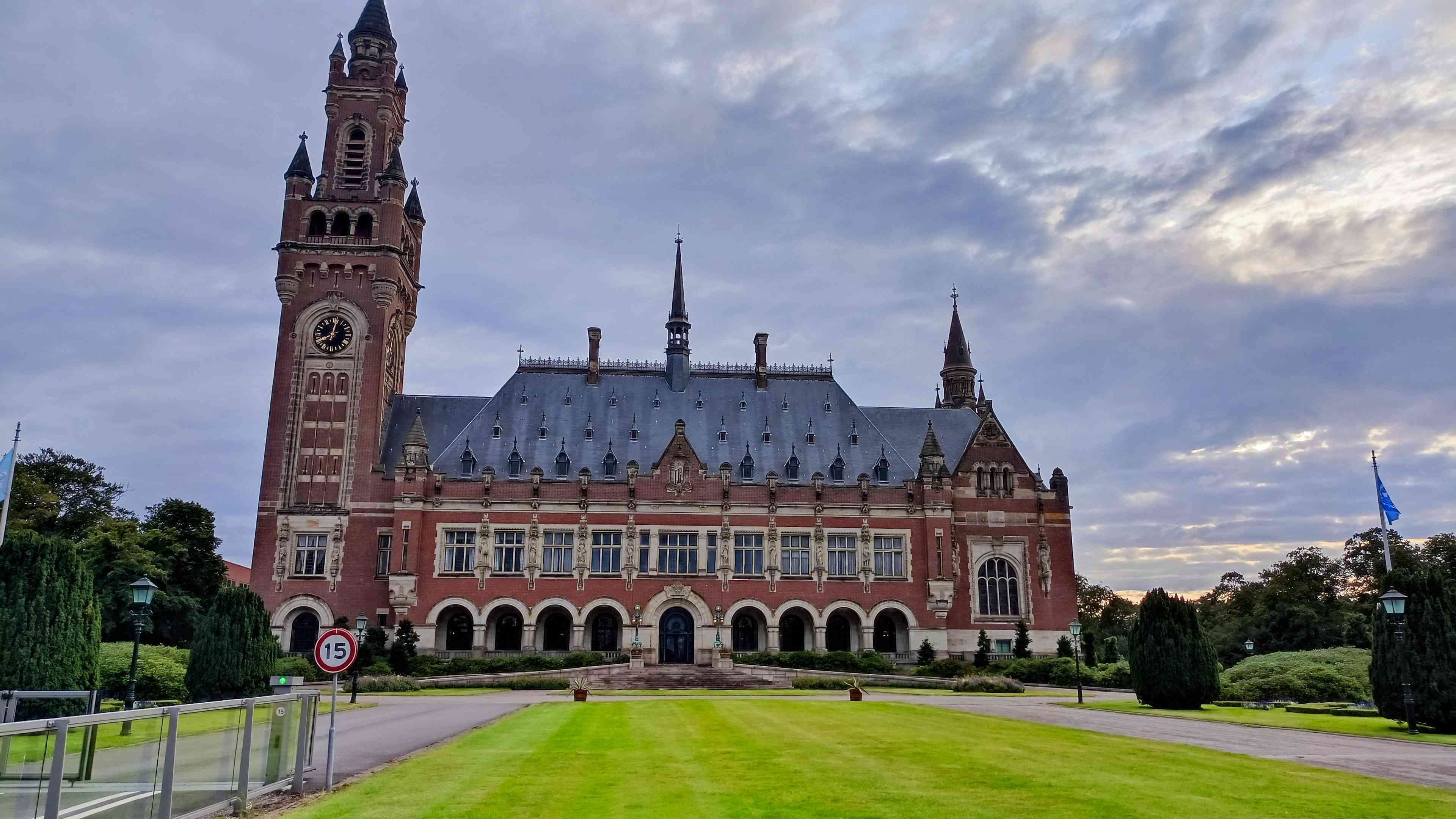 International Court of Justice (ICJ) building in the Hague background