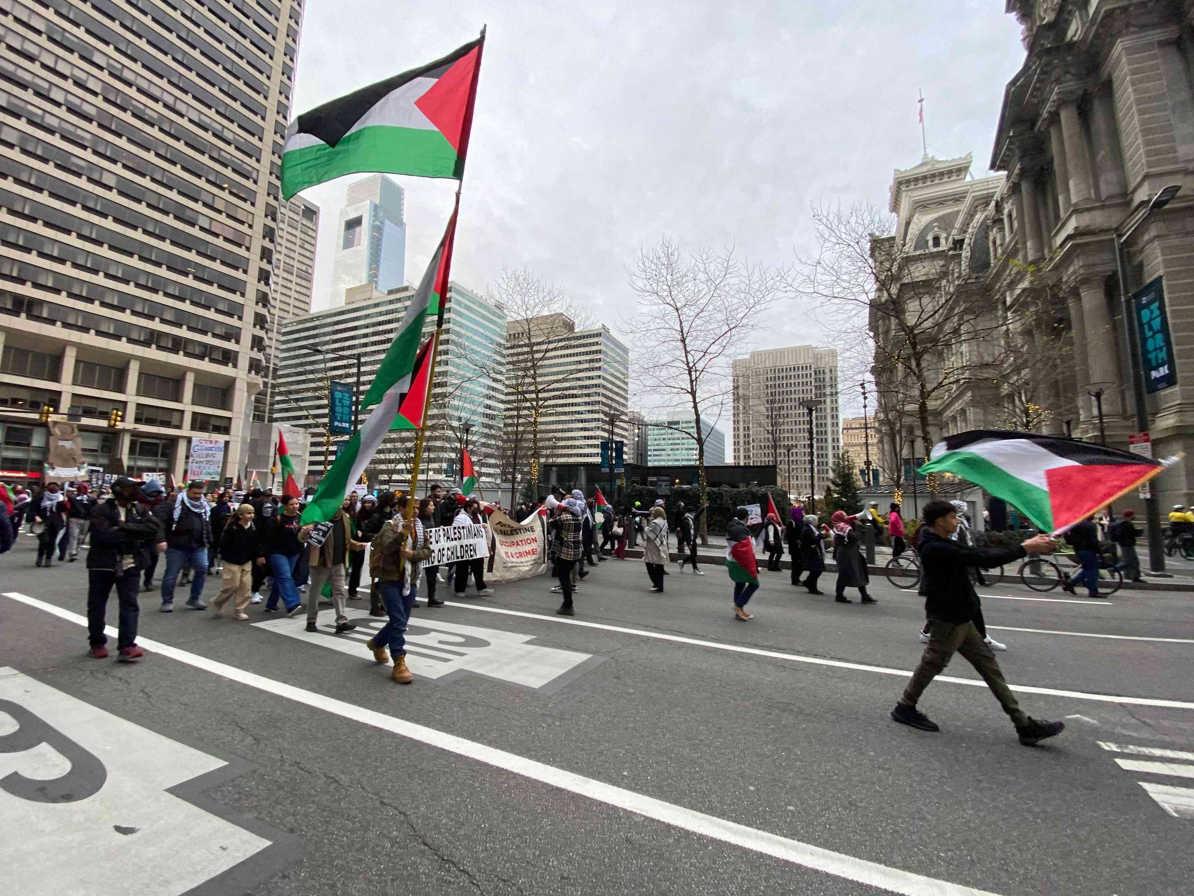 Pro-Palestinian protest in Philadelphia background
