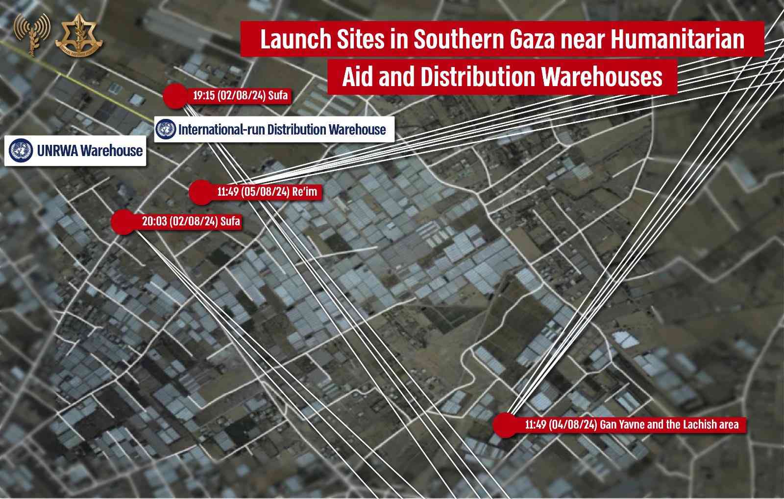 Locations of Hamas rocket attacks near humanitarian areas. background