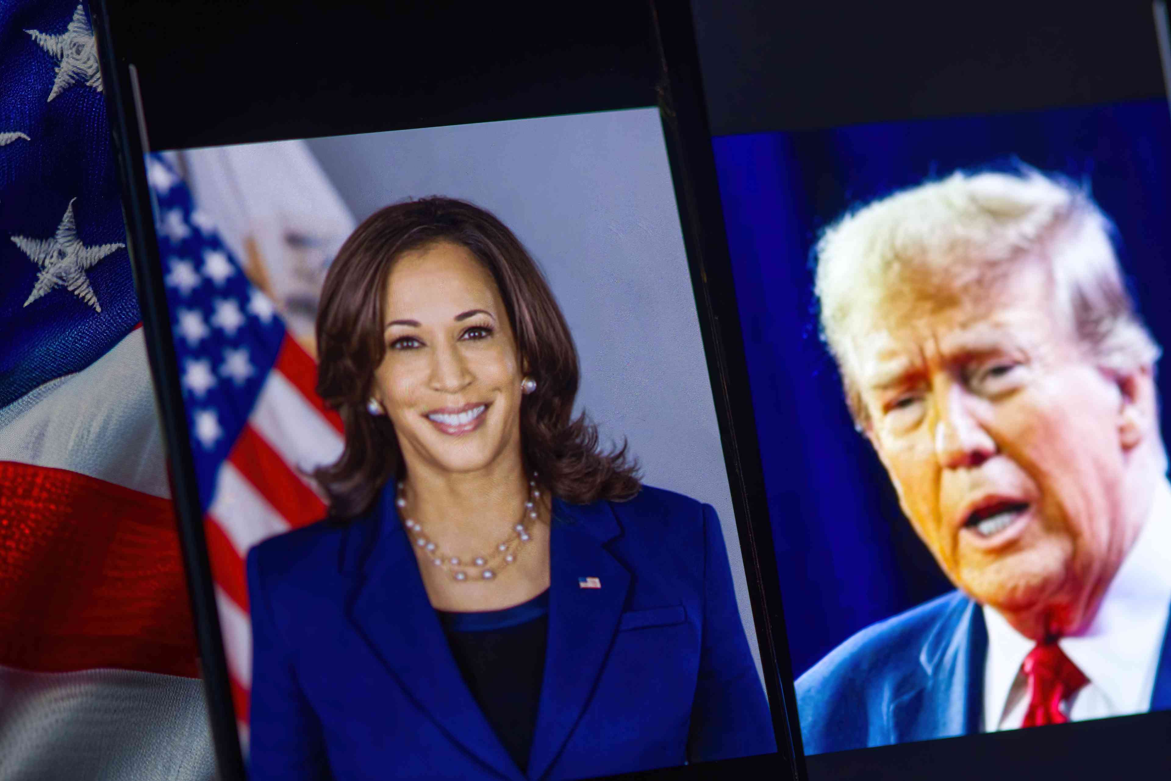 "THERE WILL BE NO THIRD DEBATE!" Trump and Harris. background