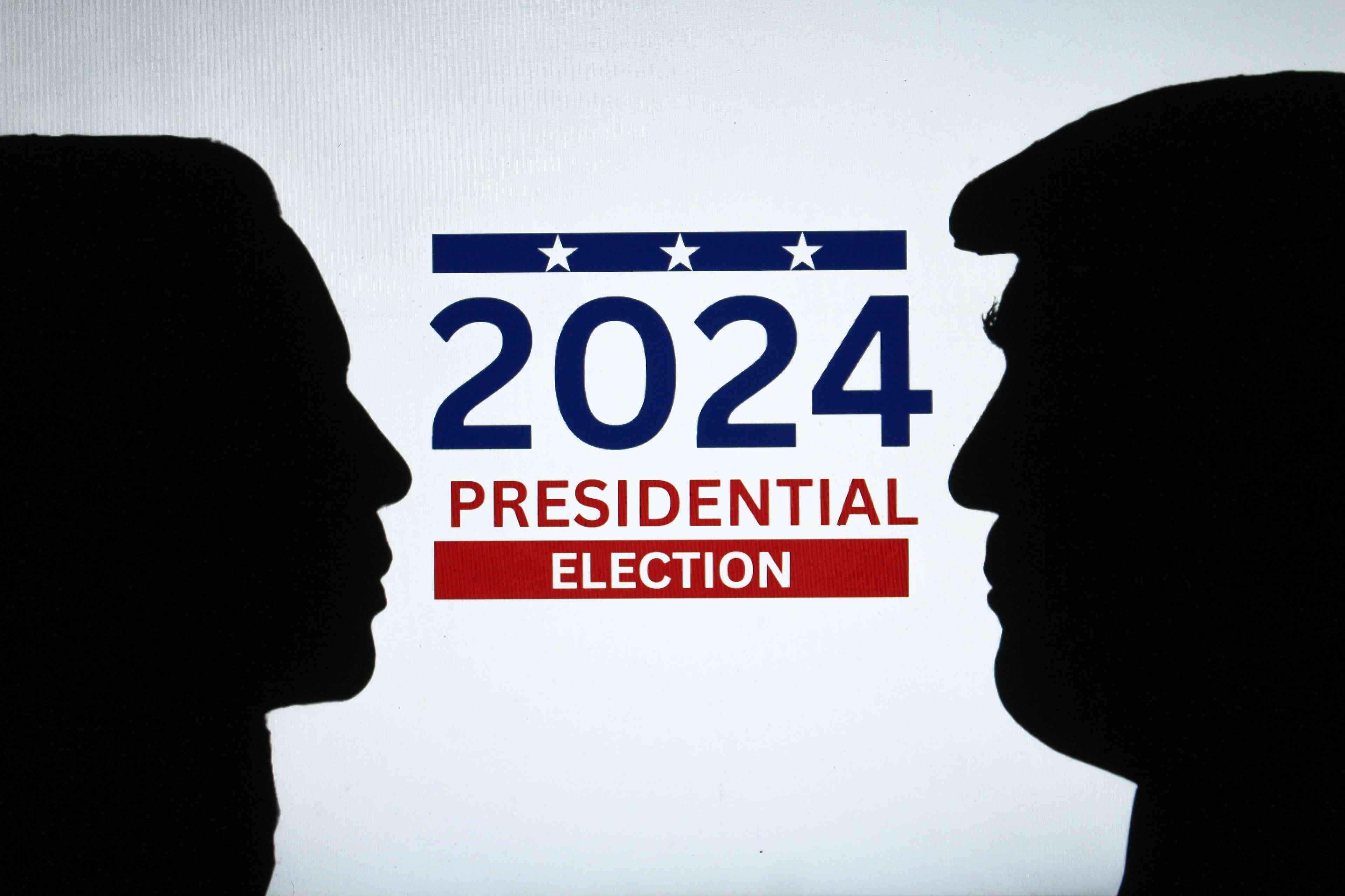 Silhouettes of Donald Trump and Kamala Harris: United States Presidential Election 2024 background