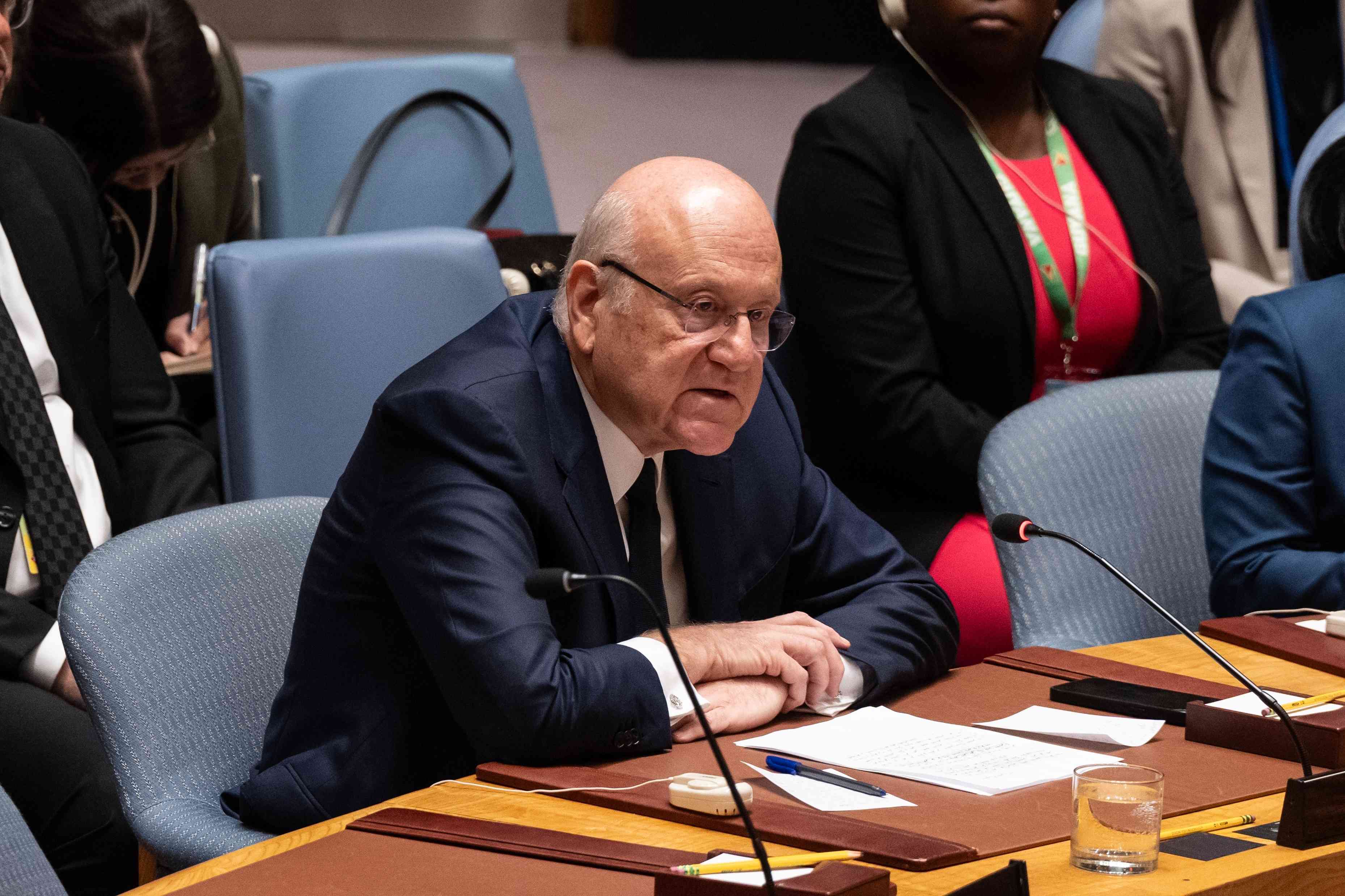 Lebanese Prime Minister Najib Mikati. background