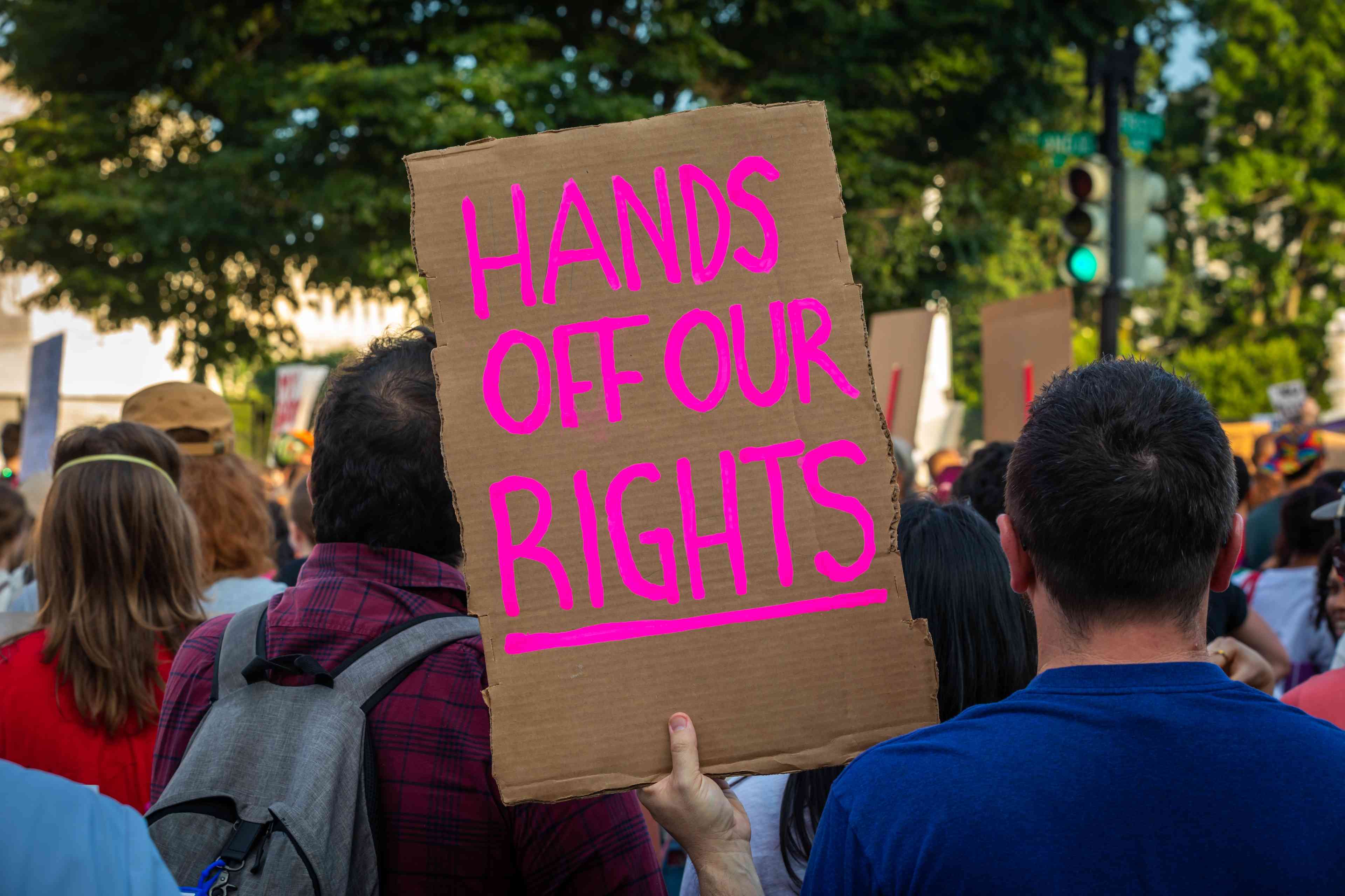 Protestor holds Sign "Hands off our Rights" displayed during Protest in Front of US Supreme Court Building background