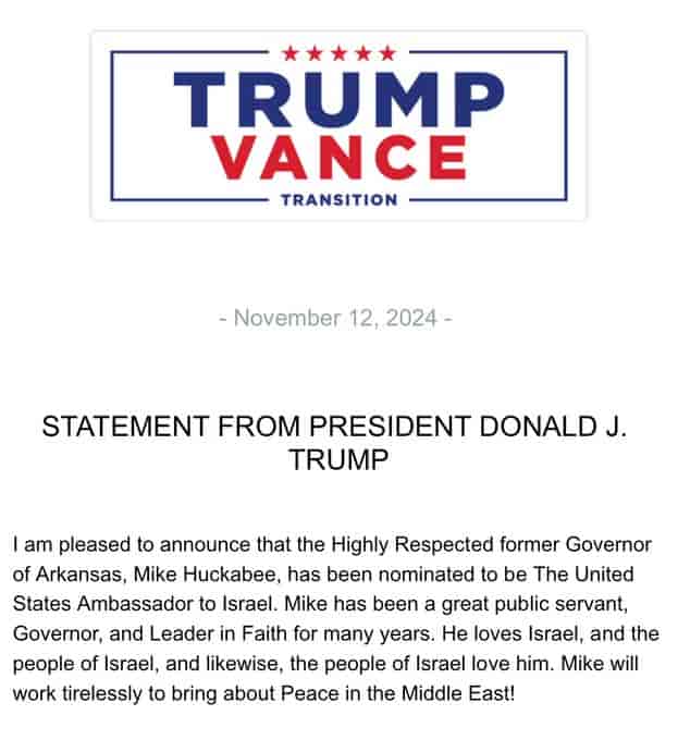 Trump nomination of Huckabee. background