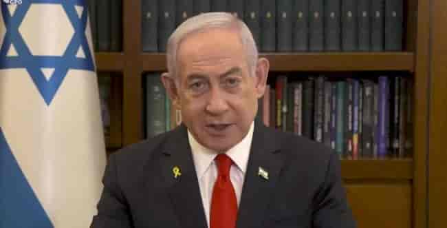 Netanyahu during speech to Iranian people background