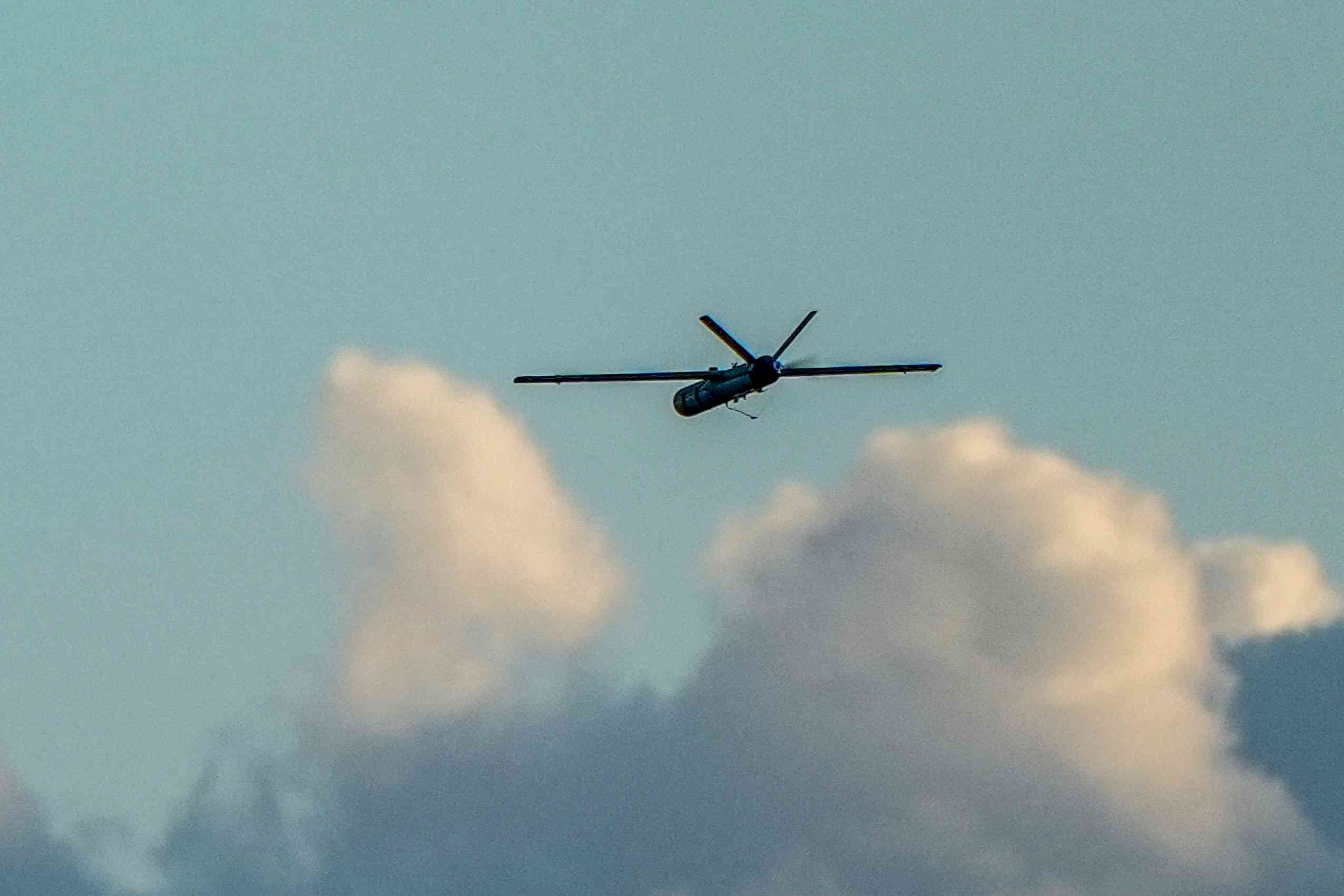 A drone fired from Lebanon into Israel flies over the Israeli border with Lebanon background