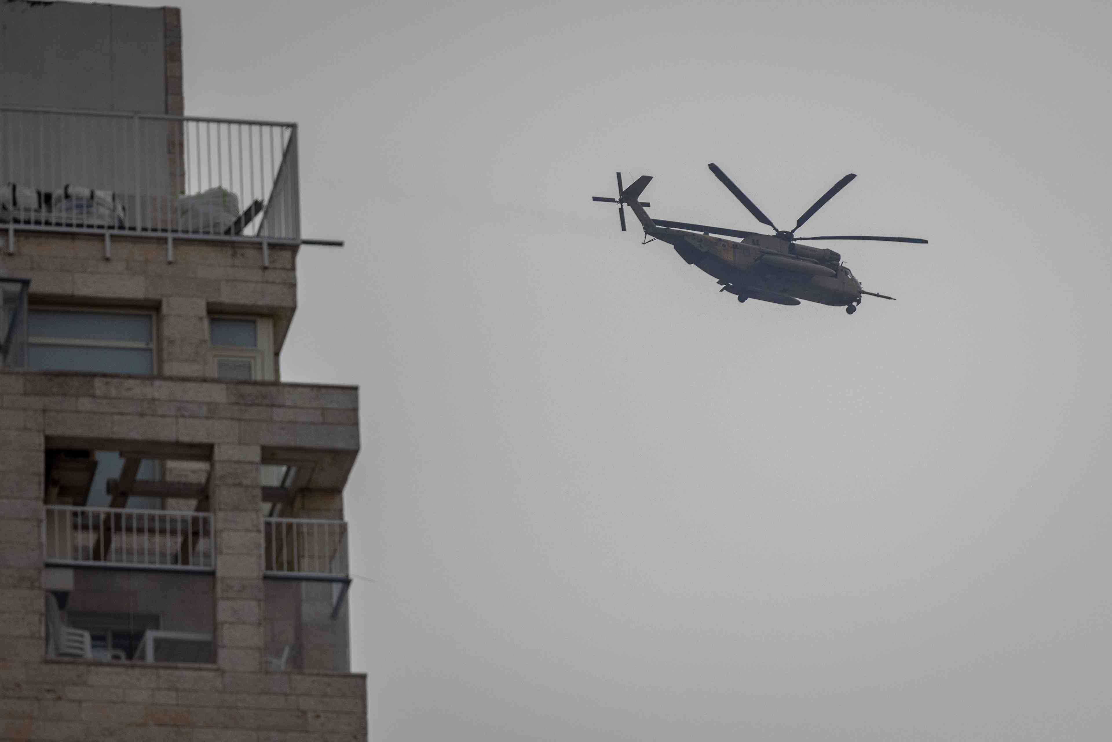 Helicopter flying over Jerusalem. Illustration. background