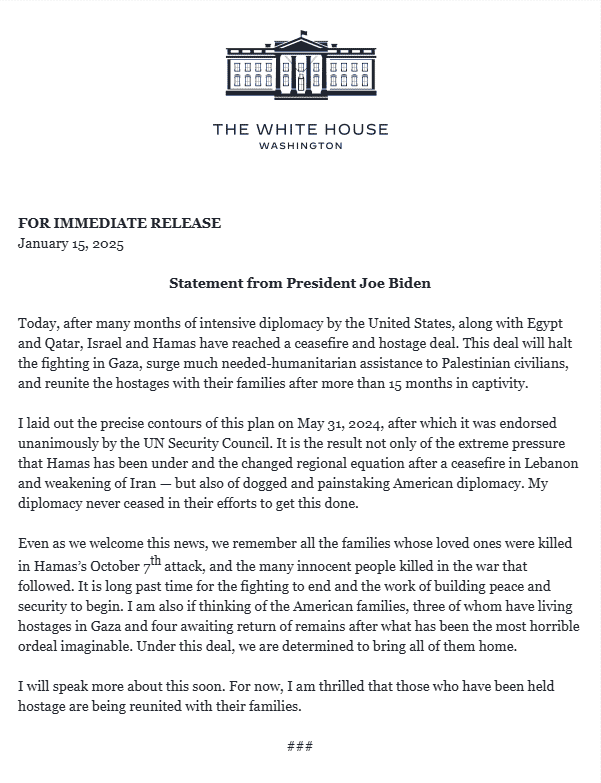 Biden press release on hostage deal. background