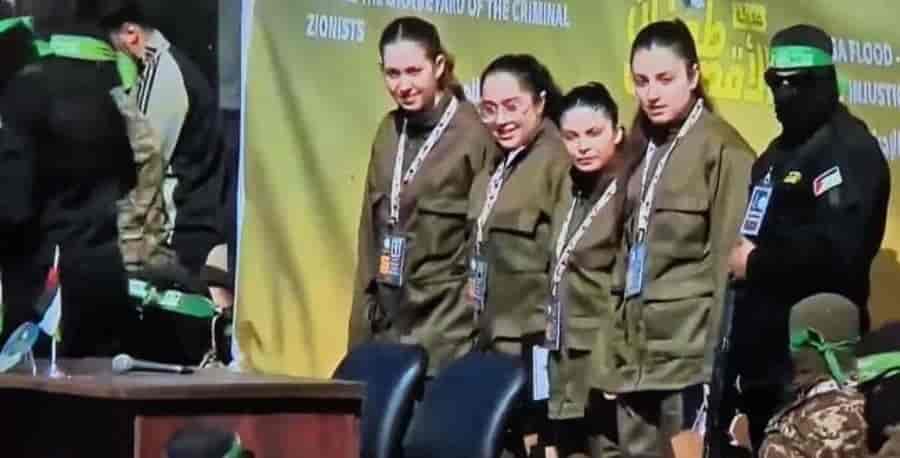 Hostages at the Hamas propaganda show background