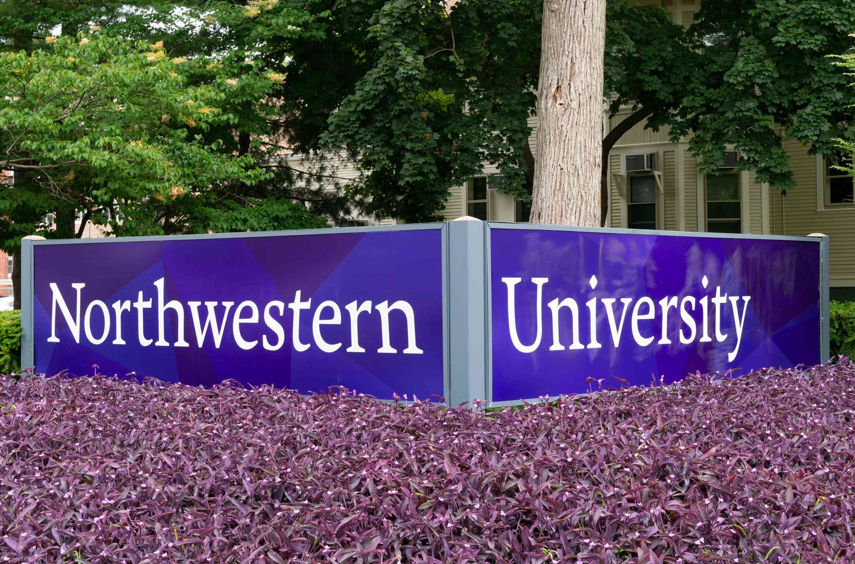 Entrance sign and gardens to Northwestern University background