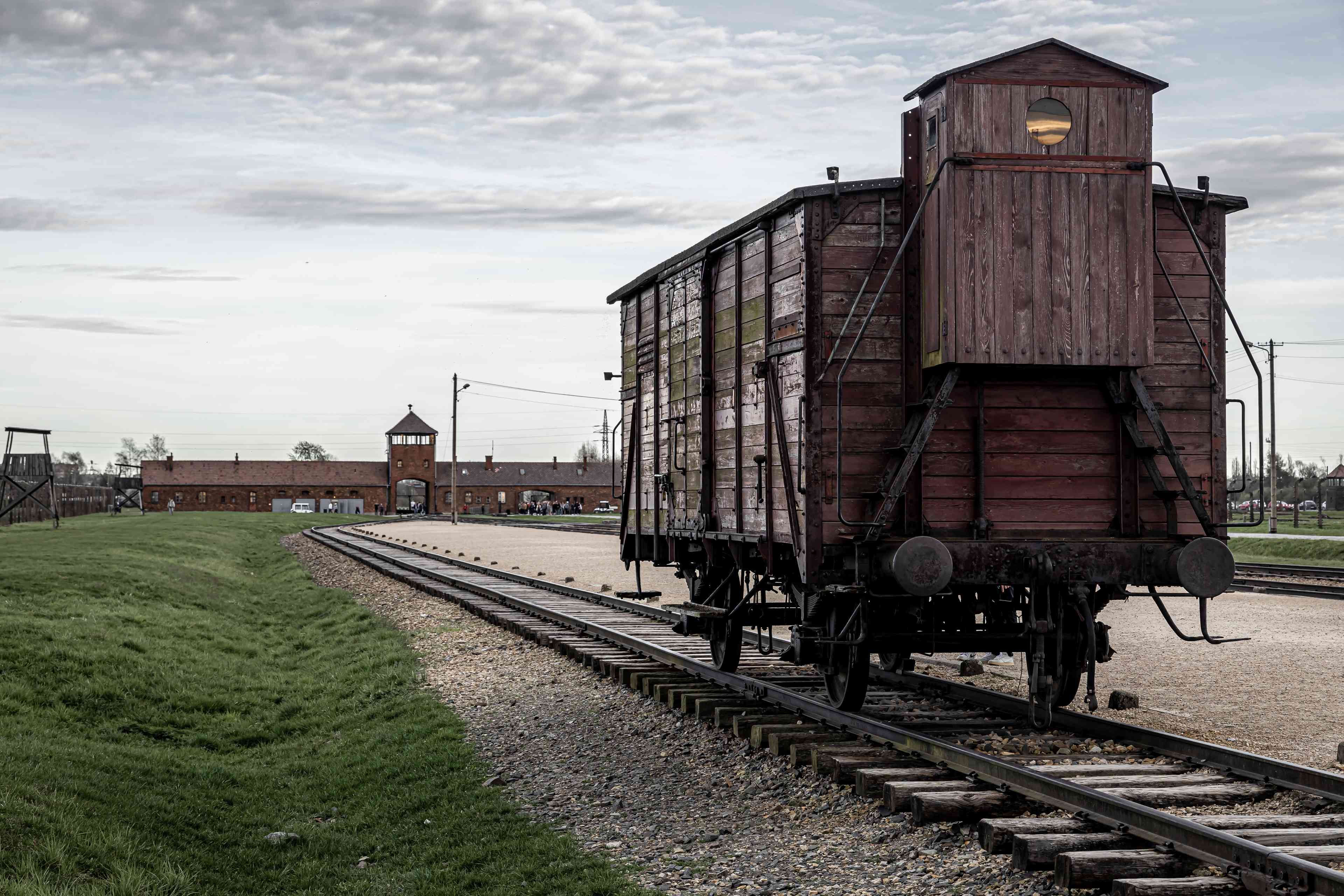 View of Auschwitz concentration camp in Oswiecim, a complex of concentration and extermination camps operated by Nazi Germany in occupied Poland during World War II and the Holocaust background