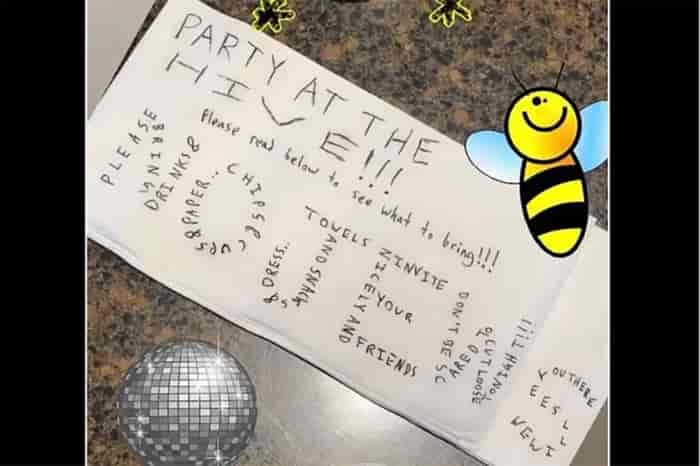The invitation spelling out 'No Jews' while listing what to bring to the college party background