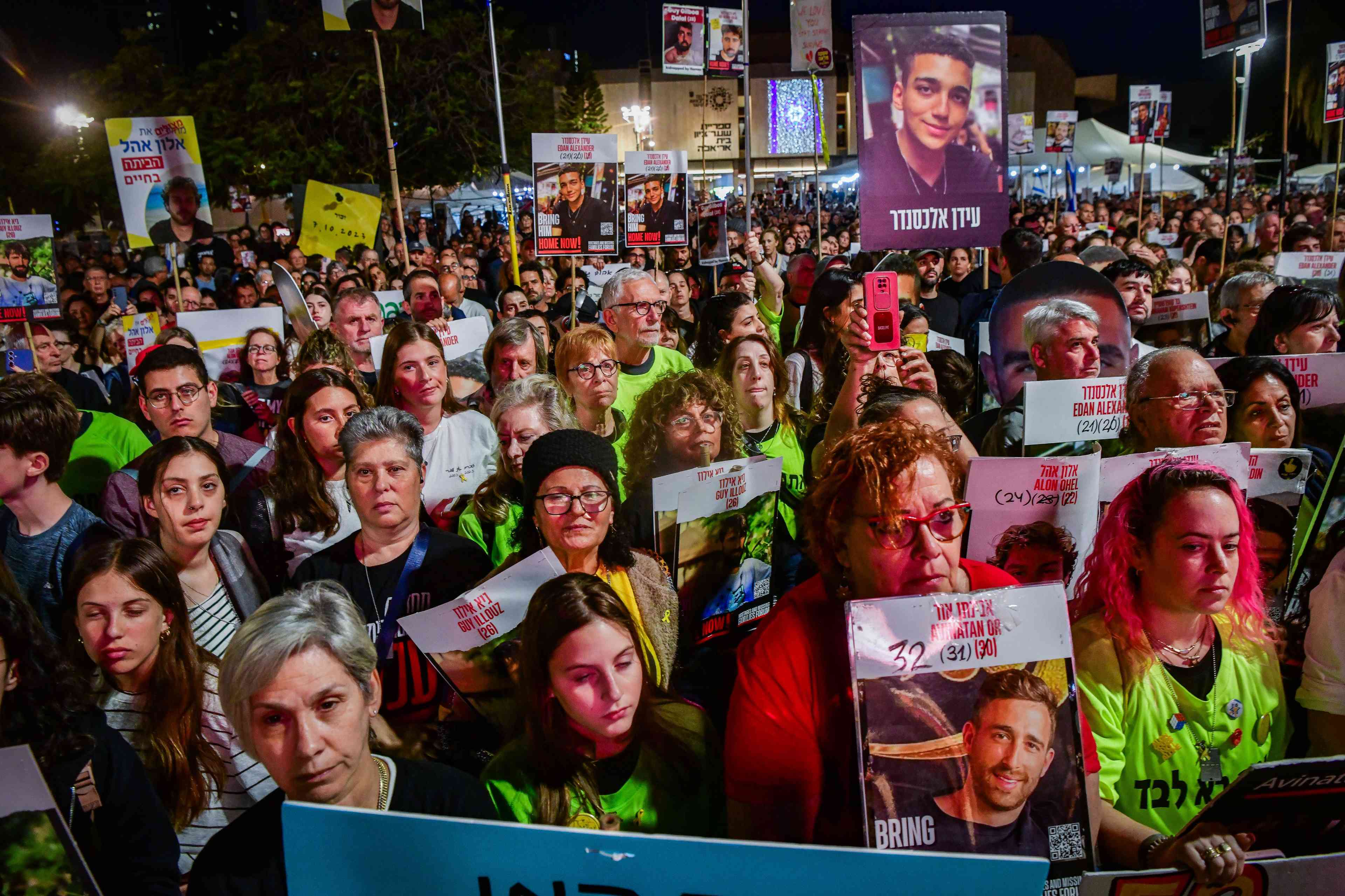 A rally calling for the release of Israelis held hostage by Hamas terrorists in Gaza, at "Hostage Square" in Tel Aviv, May 3, 2025. background