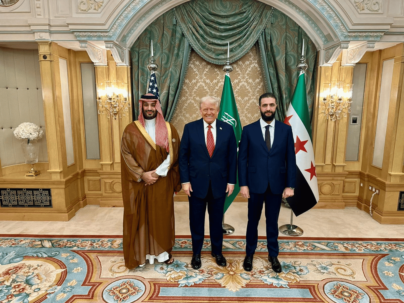 Donald Trump with Al-Julani on his left and Salman on his right background