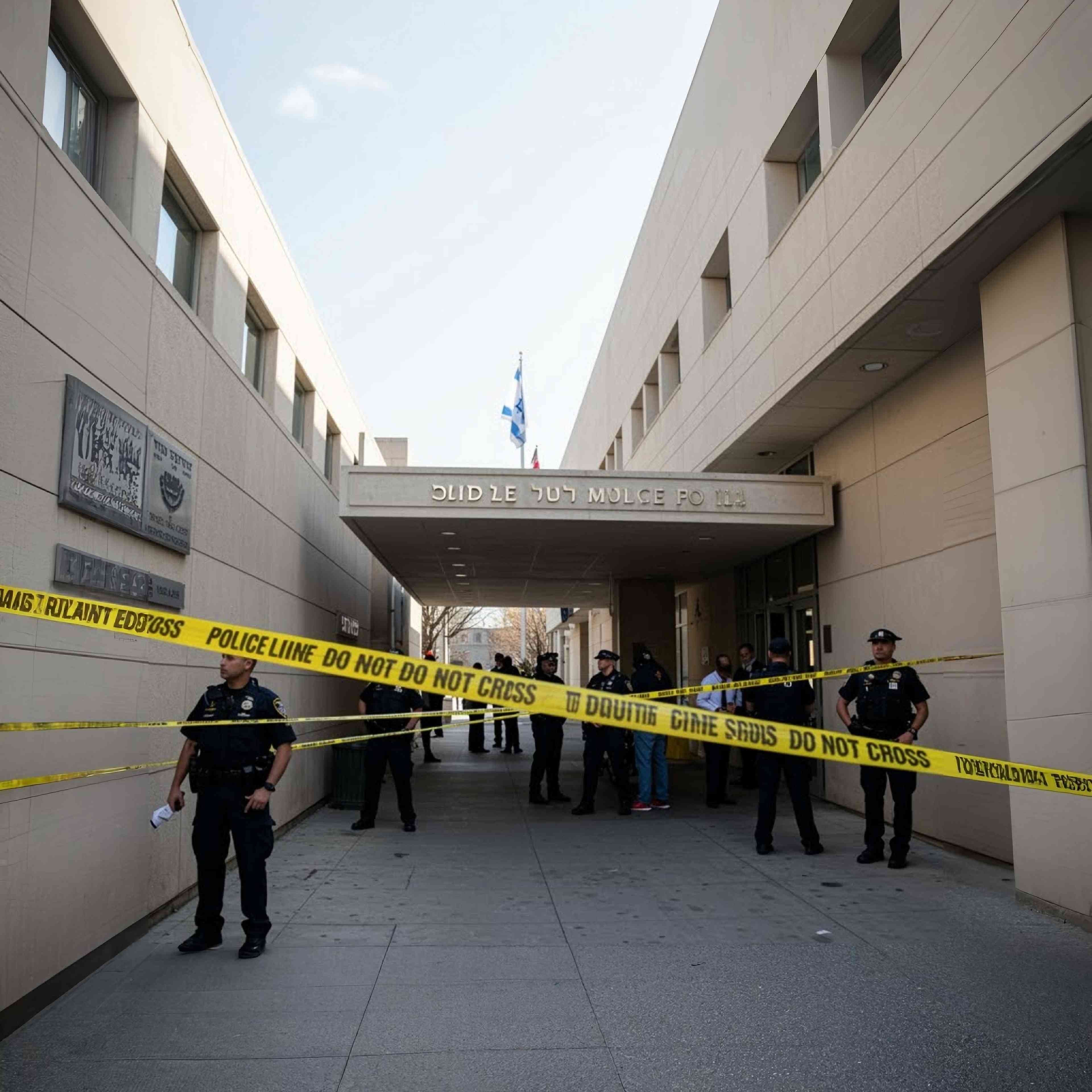 crime scene tape in front of the Israeli embassy in Washington DC background