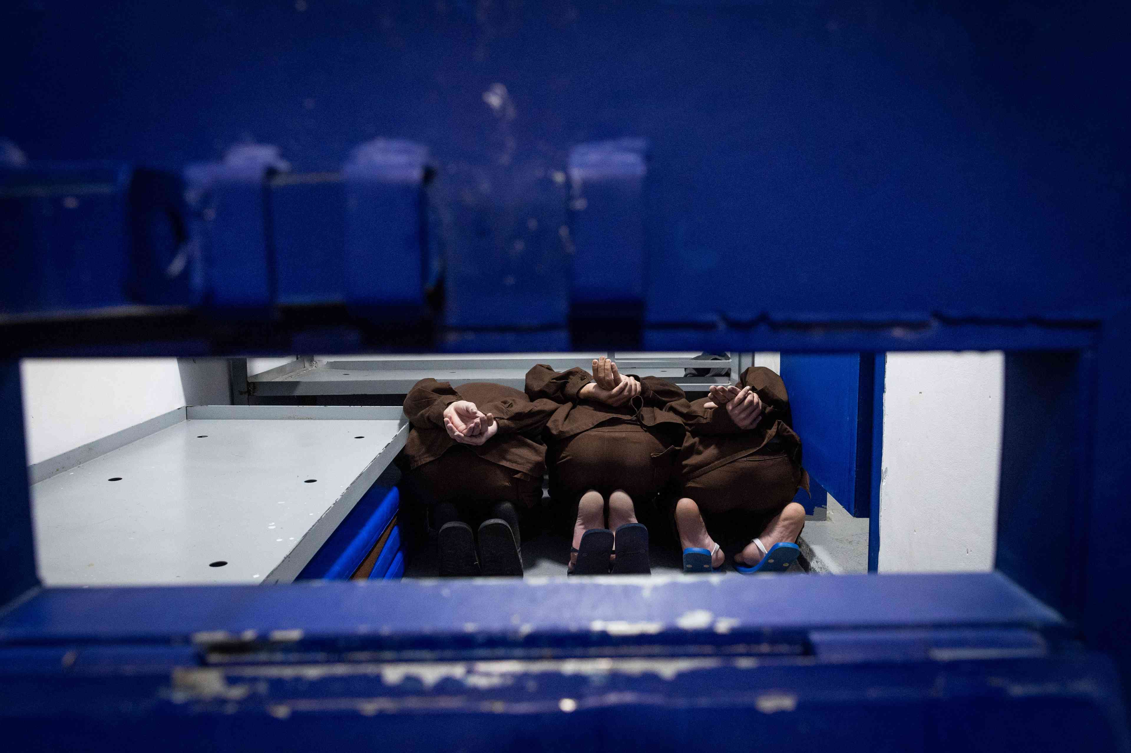 Hamas Nukhba Battalion terrorists who were captured on October 7th massacre seen in a jail cell at a prison in central Israel, where high risk Hamas and Hezbollah prisoners captured in recent war are being held, March 4, 2025. background
