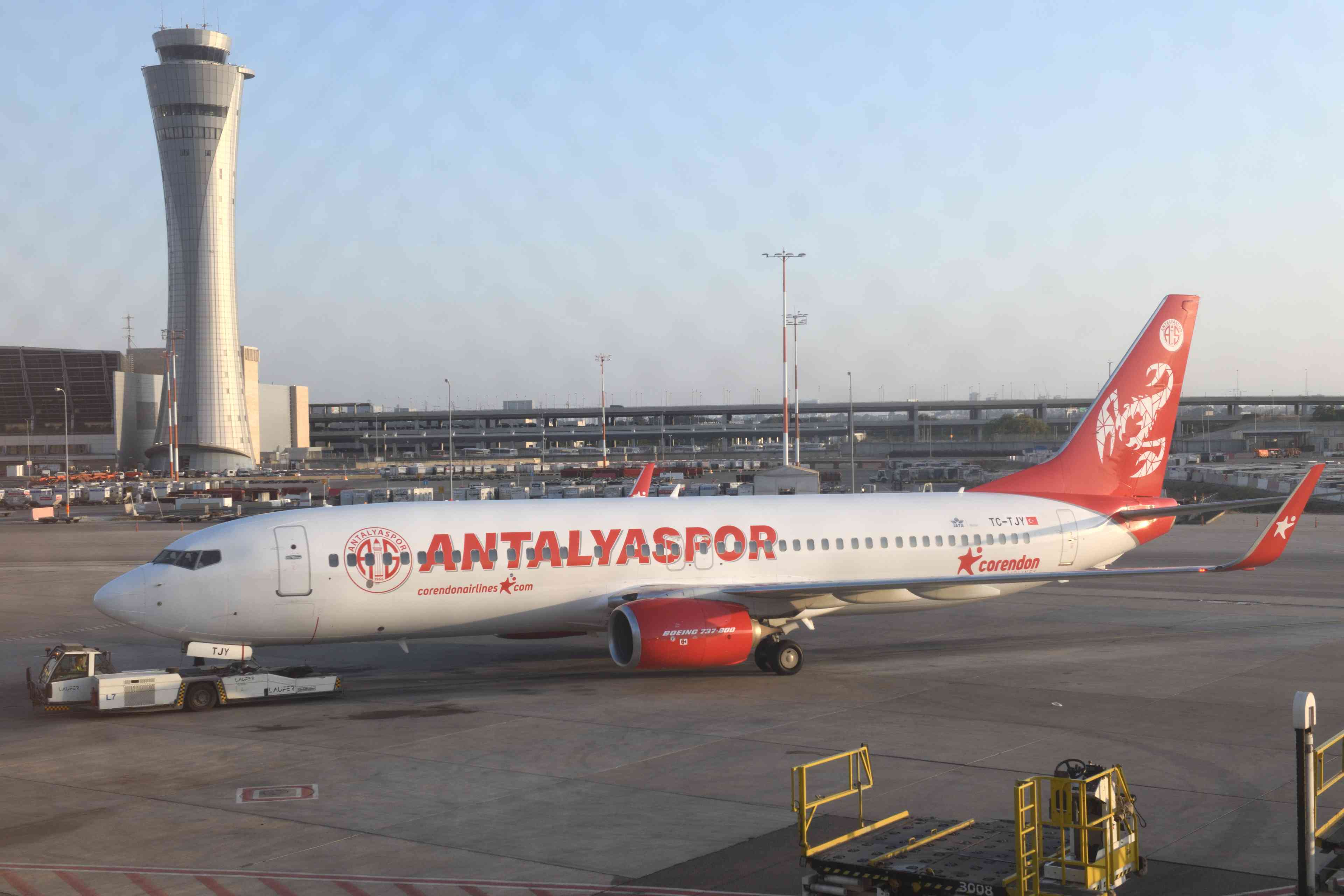 Turkish Antalyaspor airplane at Ben Gurion International Airport background