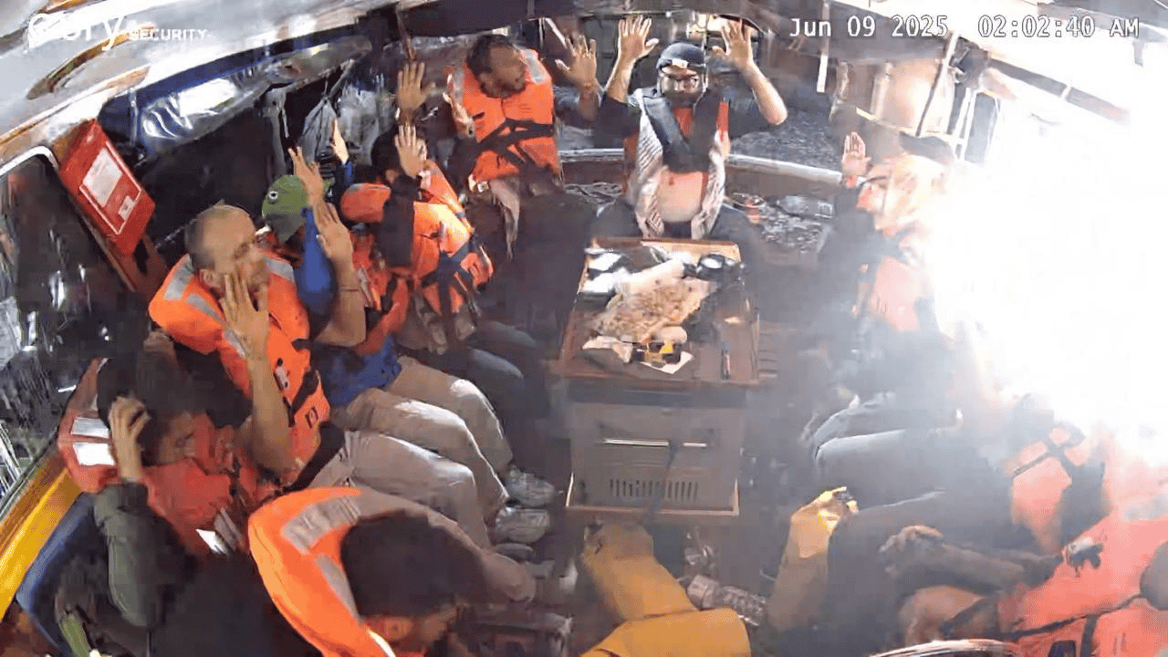 Celebrities surrender aboard the Madleen background