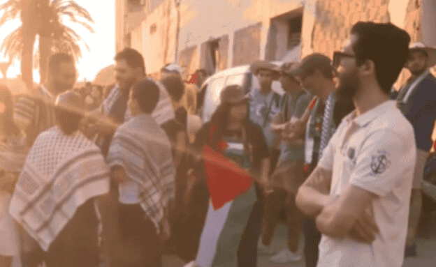 Pro-Palestinian protestors gathered at an Arab port background