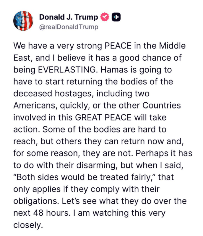 Trump threatens Hamas: You have 48 hours to start to return slain hostages