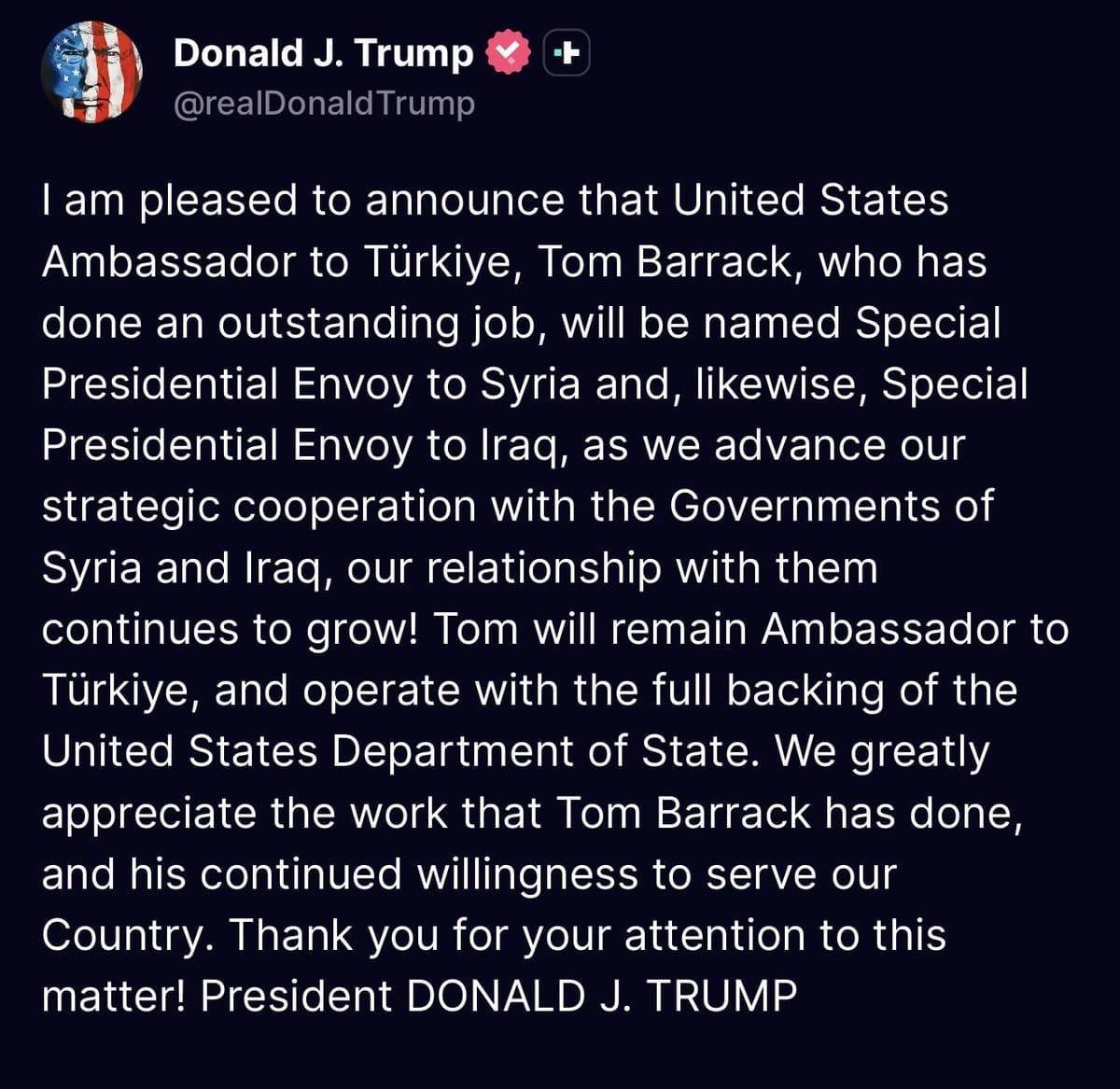 Trump: US Ambassador to Turkey Tom Burke is Special Presidential Envoy to Syria and Iraq